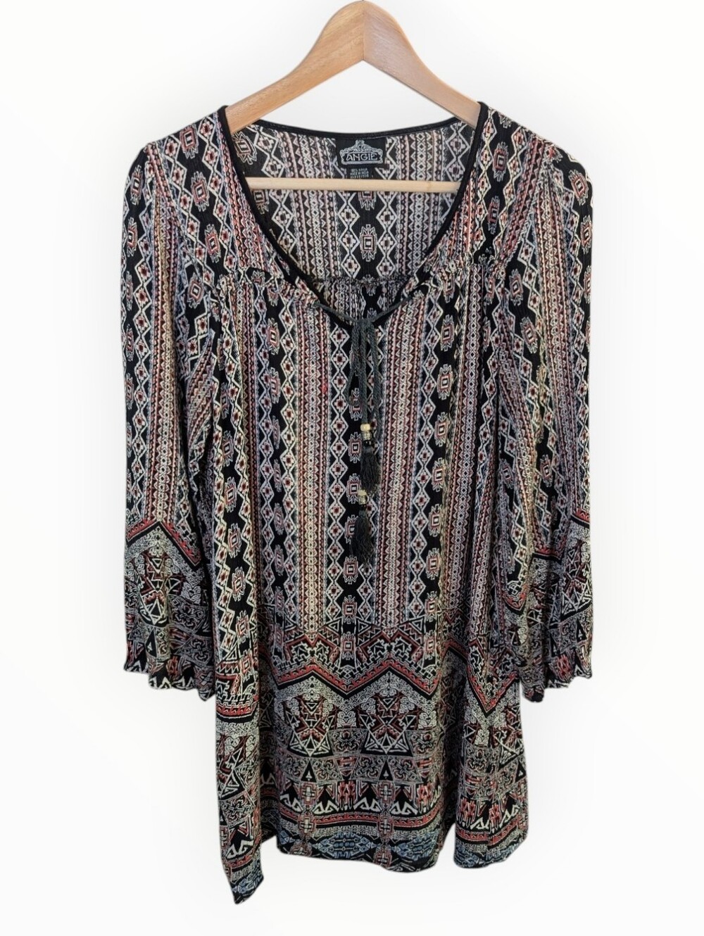 Angie Boho Tribal-Print Peasant Tunic with Tassel Tie Small